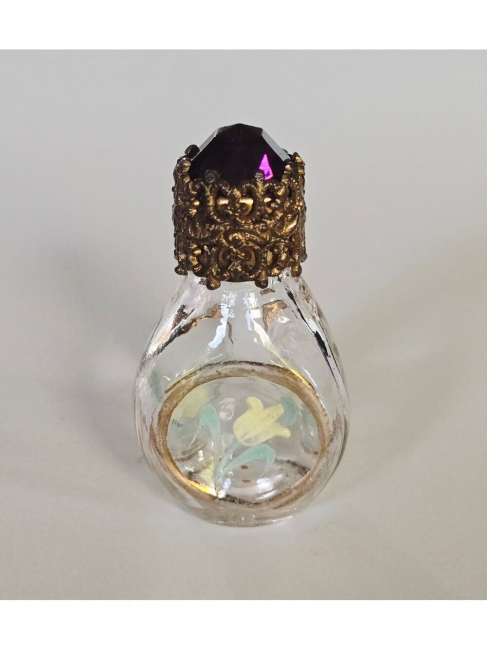 Mini Czech Glass Hand Painted Perfume Bottle Purple Glass Top with Gold Ormolu &